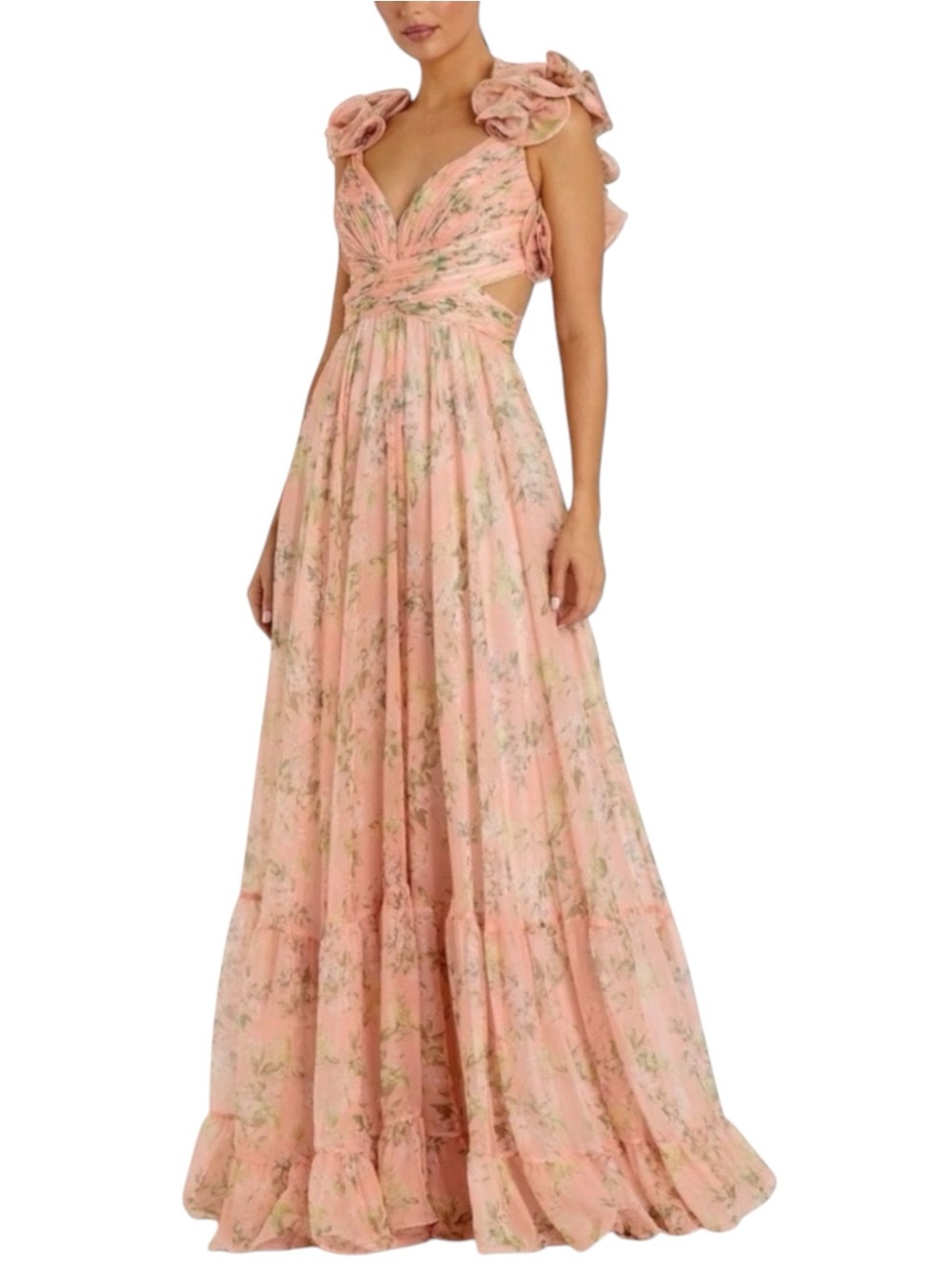 NWT Mac Duggal 67803 Ruffle Tiered Floral Cut-Out Chiffon Gown Maxi Dress Size 4 - Picture 1 of 14